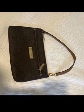 Michael Kors Dark Brown Logo Wristlet with Gold Hardware